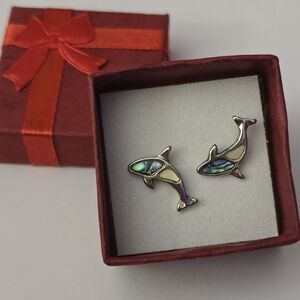 Unique Silvertone Green Yellow Resin Swirl Dolphin Vintage Earrings